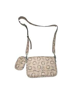 Guess Monogram Print Crossbody Bag with Detachable Strap and Pouch